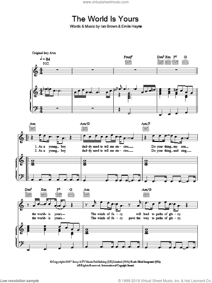 The World Is Yours sheet music for voice, piano or guitar by Ian Brown and Emile Haynie, intermediate skill level