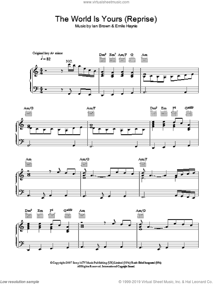 The World Is Yours (Reprise) sheet music for voice, piano or guitar by Ian Brown and Emile Haynie, intermediate skill level