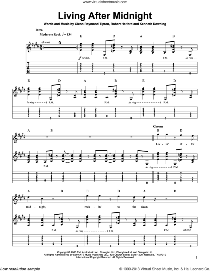 Living After Midnight sheet music for guitar (tablature, play-along) by Judas Priest, Glenn Tipton, K.K. Downing and Rob Halford, intermediate skill level