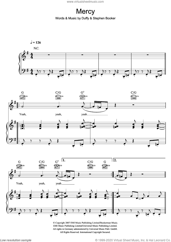 Mercy sheet music for voice, piano or guitar by Duffy, Aimee Duffy and Steve Booker, intermediate skill level