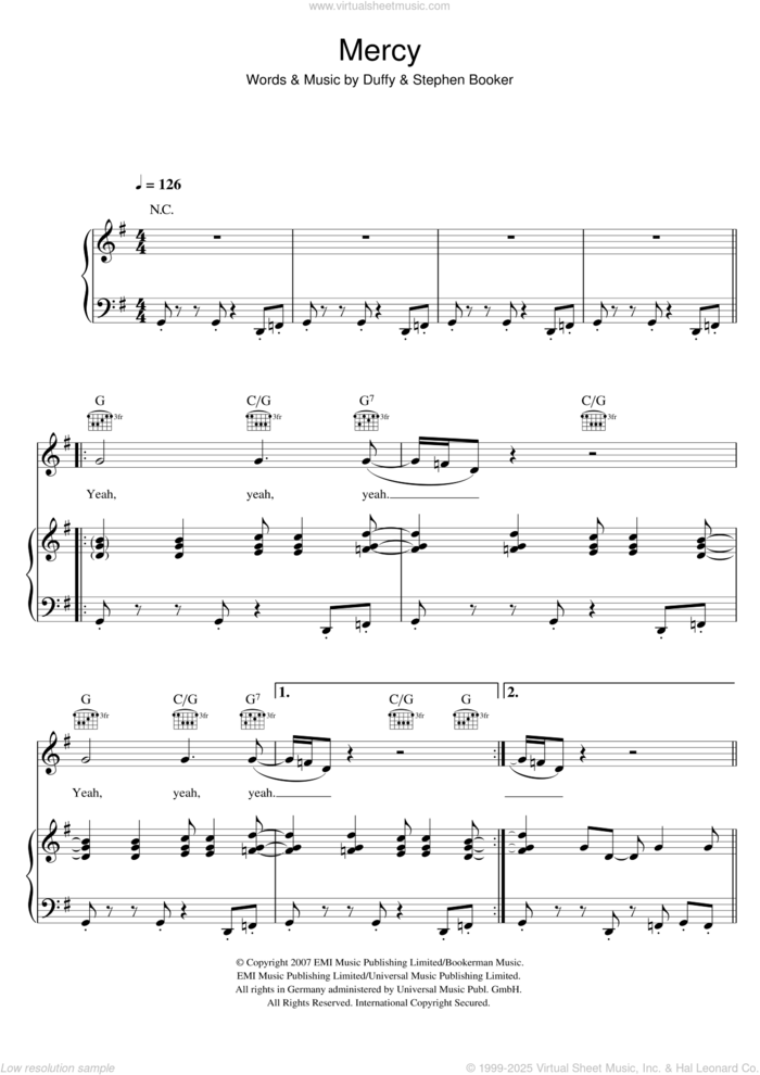 Mercy sheet music for voice, piano or guitar by Duffy, Aimee Duffy and Steve Booker, intermediate skill level