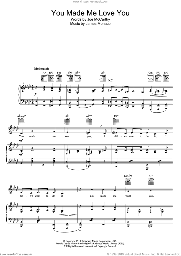 You Made Me Love You (I Didn't Want To Do It) sheet music for voice and piano by Judy Garland, James Monaco and Joe McCarthy, intermediate skill level