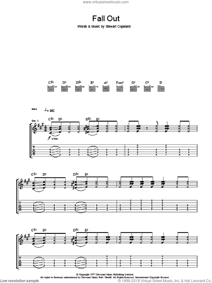 Fall Out sheet music for guitar (tablature) by The Police and Stewart Copeland, intermediate skill level
