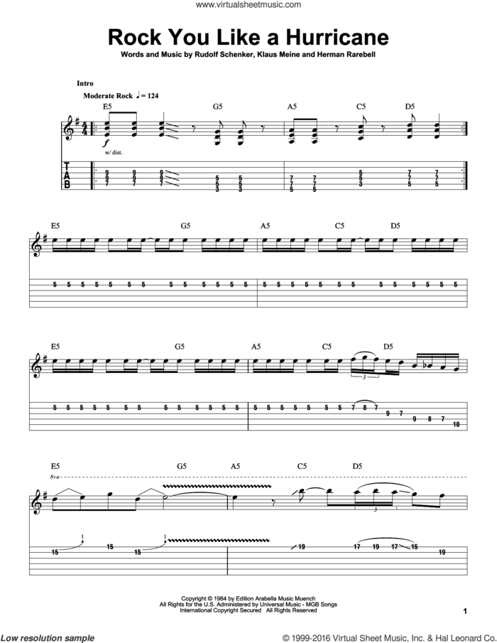 Rock You Like A Hurricane sheet music for guitar (tablature, play-along) by Scorpions, Herman Rarebell, Klaus Meine and Rudolf Schenker, intermediate skill level