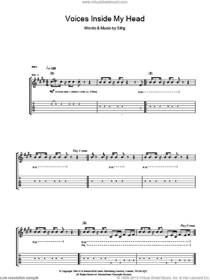 Voices Inside My Head sheet music for guitar (tablature) by The Police and Sting, intermediate skill level