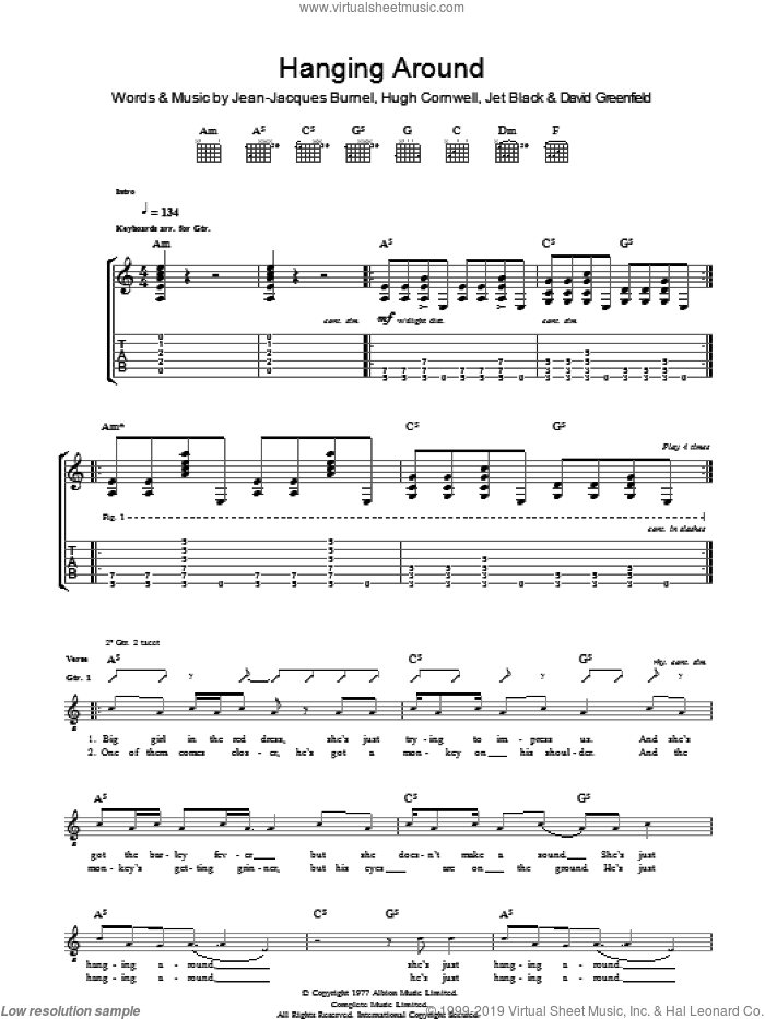 Hanging Around sheet music for guitar (tablature) by The Stranglers, David Greenfield, Hugh Cornwell, Jean-Jacques Burnel and Jet Black, intermediate skill level