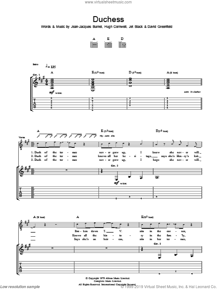 Duchess sheet music for guitar (tablature) by The Stranglers, David Greenfield, Hugh Cornwell, Jean-Jacques Burnel and Jet Black, intermediate skill level