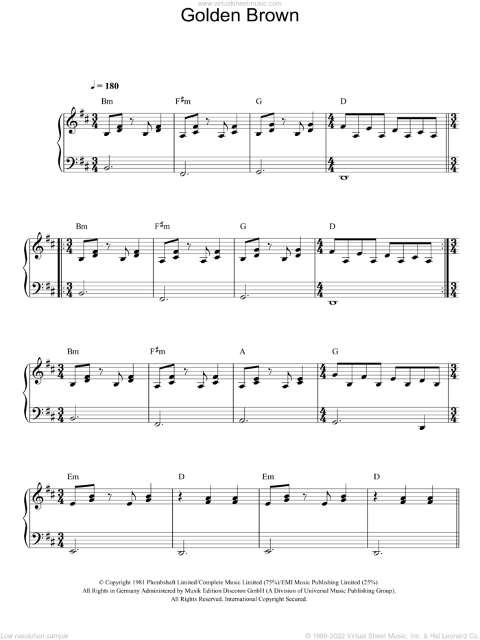 Golden Brown sheet music for piano solo by The Stranglers, David Greenfield, Hugh Cornwell, Jean-Jacques Burnel and Jet Black, easy skill level