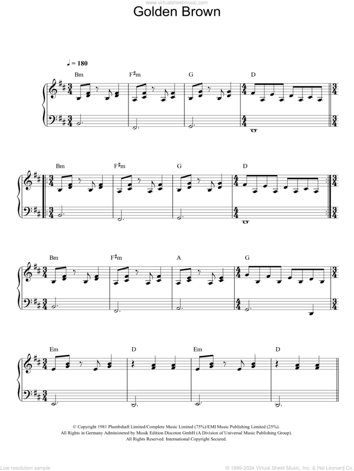 Golden Brown sheet music for piano solo by The Stranglers, David Greenfield, Hugh Cornwell, Jean-Jacques Burnel and Jet Black, easy skill level