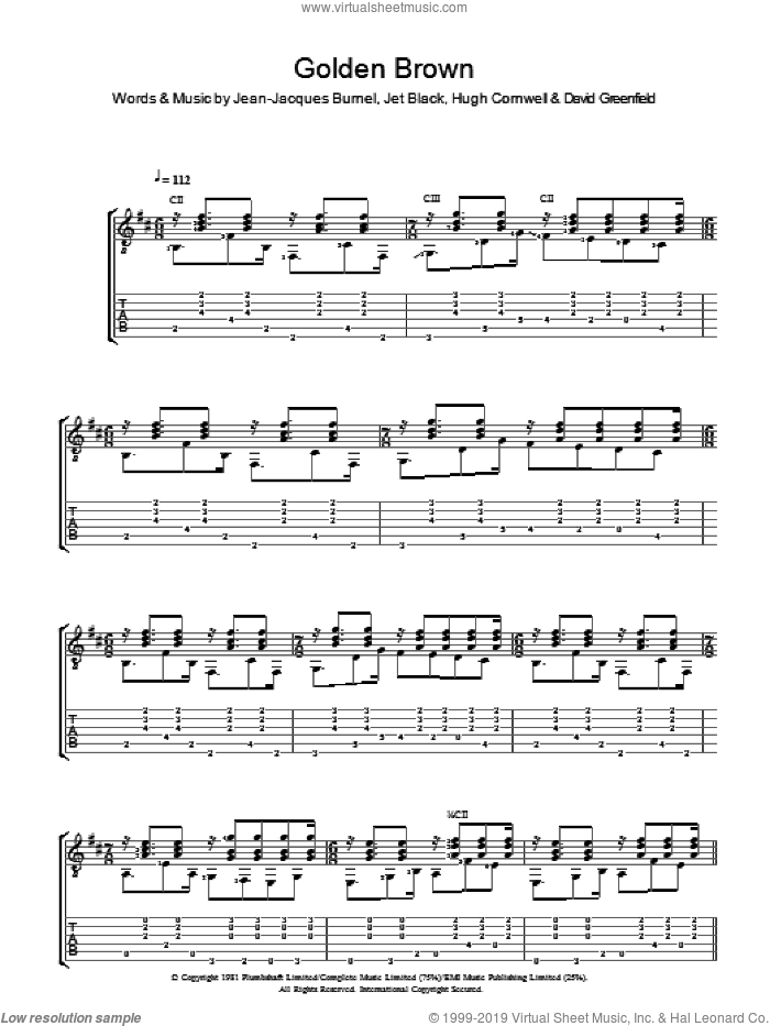 Golden Brown sheet music for guitar (tablature) by The Stranglers, David Greenfield, Hugh Cornwell, Jean-Jacques Burnel and Jet Black, intermediate skill level
