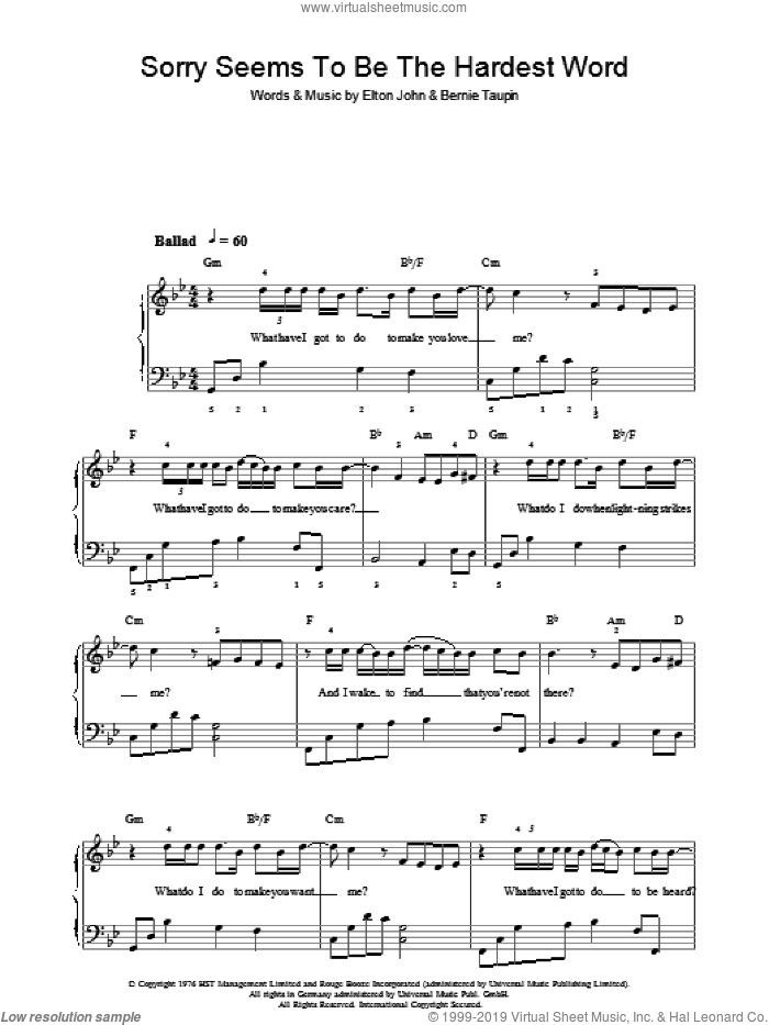Sorry Seems To Be The Hardest Word sheet music for piano solo by Elton John and Bernie Taupin, easy skill level