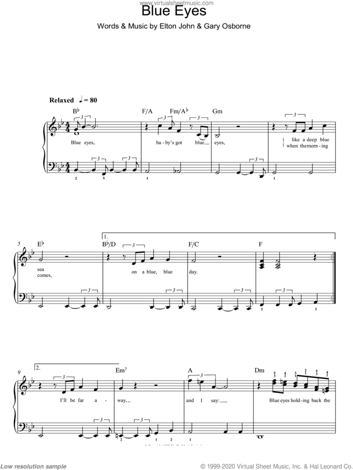 Blue Eyes sheet music for piano solo by Elton John and Gary Osborne, easy skill level