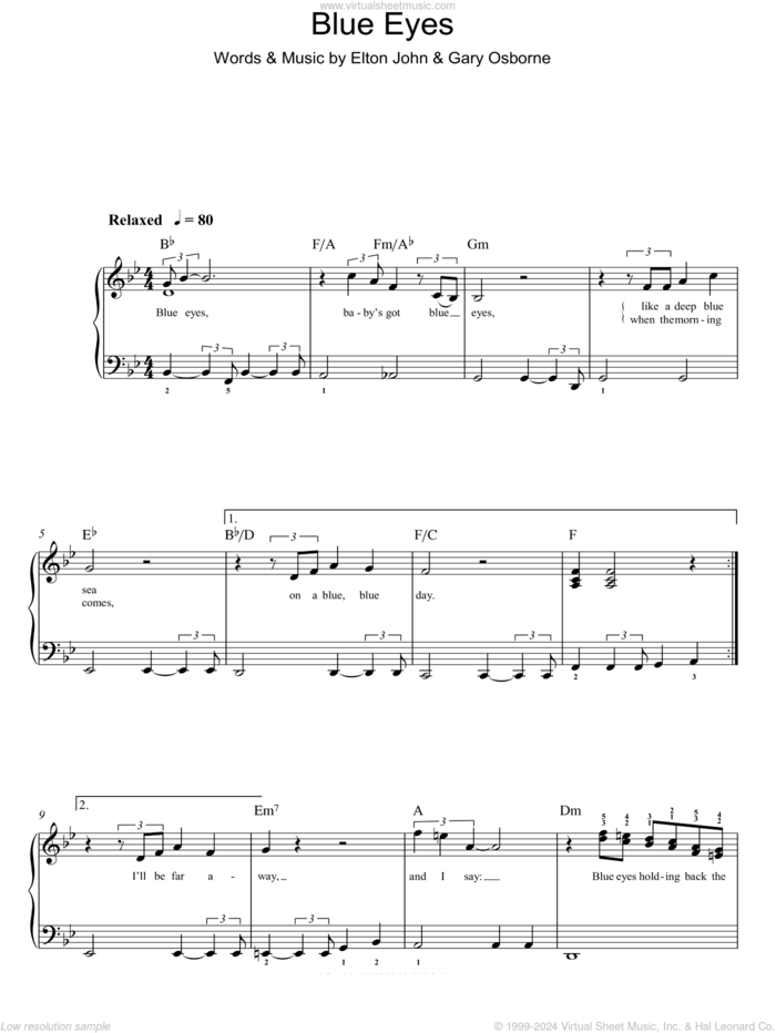 Blue Eyes, (easy) sheet music for piano solo by Elton John and Gary Osborne, easy skill level