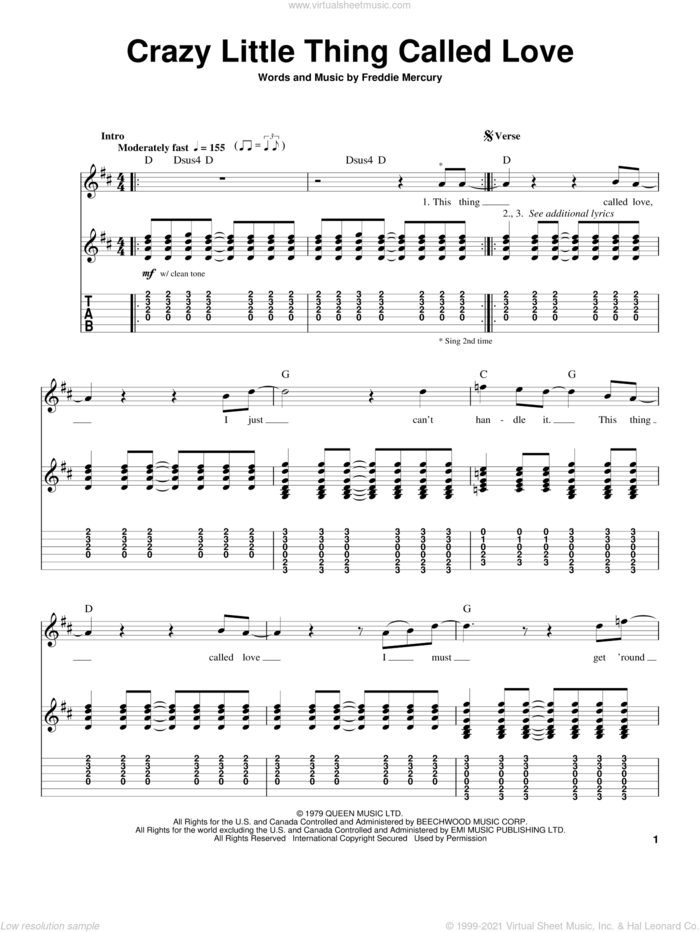 Crazy Little Thing Called Love sheet music for guitar (tablature, play-along) by Queen and Freddie Mercury, intermediate skill level