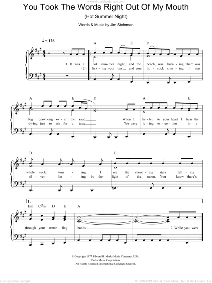 You Took The Words Right Out Of My Mouth (Hot Summer Night) sheet music for piano solo by Meat Loaf and Jim Steinman, easy skill level