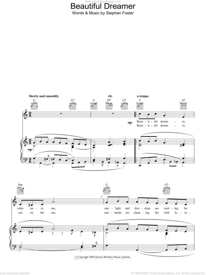 Beautiful Dreamer sheet music for voice, piano or guitar by Stephen Foster, intermediate skill level