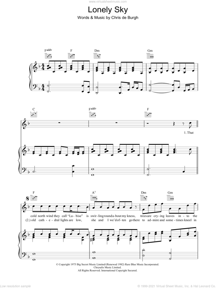 Lonely Sky sheet music for voice, piano or guitar by Chris de Burgh, intermediate skill level