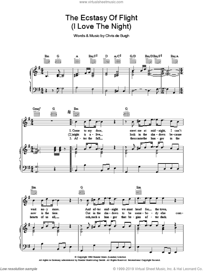 The Ecstasy Of Flight (I Love The Night) sheet music for voice, piano or guitar by Chris de Burgh, intermediate skill level