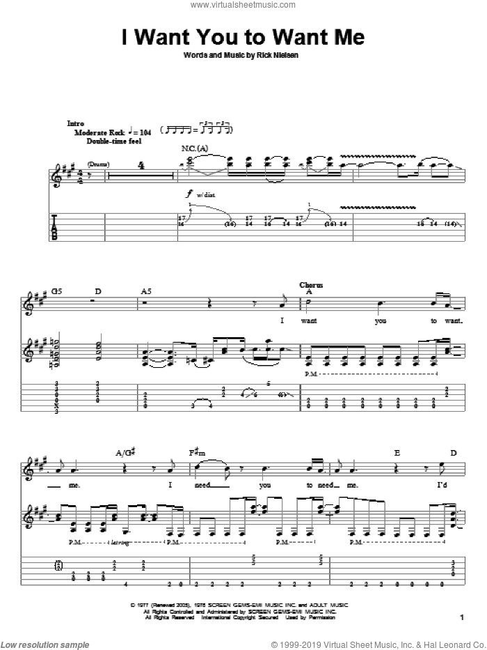I Want You To Want Me sheet music for guitar (tablature, play-along) by Cheap Trick, Dwight Yoakam and Rick Nielsen, intermediate skill level