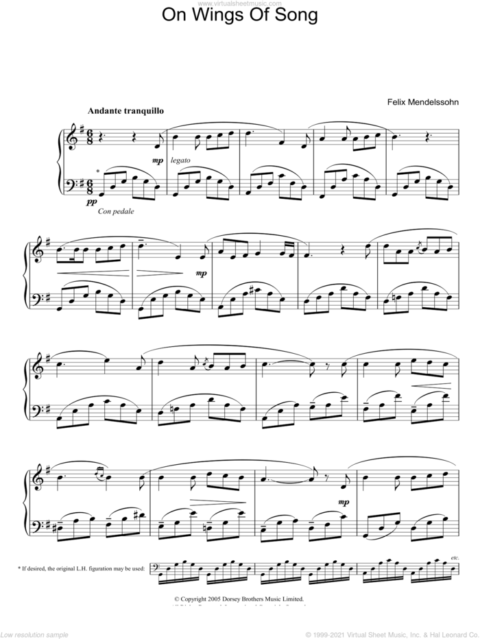 On Wings Of Song sheet music for piano solo by Felix Mendelssohn-Bartholdy, classical score, easy skill level