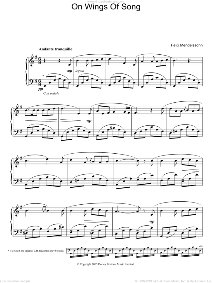 On Wings Of Song, (easy) sheet music for piano solo by Felix Mendelssohn-Bartholdy, classical score, easy skill level