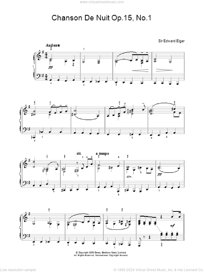 Chanson De Nuit Op.15, No.1, (easy) sheet music for piano solo by Edward Elgar, classical score, easy skill level