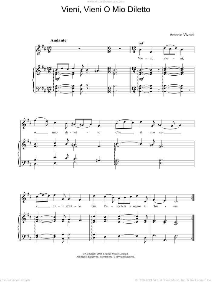 Vieni, Vieni O Mio Diletto sheet music for piano solo by Antonio Vivaldi, classical score, easy skill level