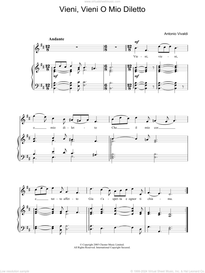 Vieni, Vieni O Mio Diletto sheet music for piano solo by Antonio Vivaldi, classical score, easy skill level