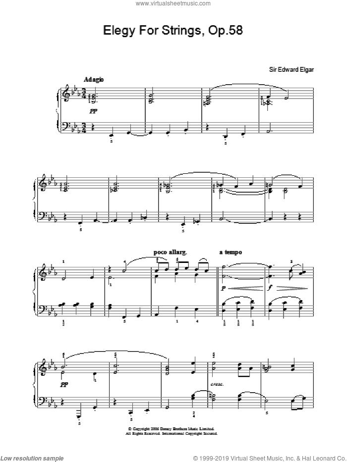 Elegy For Strings, Op.58 sheet music for piano solo by Edward Elgar, classical score, easy skill level