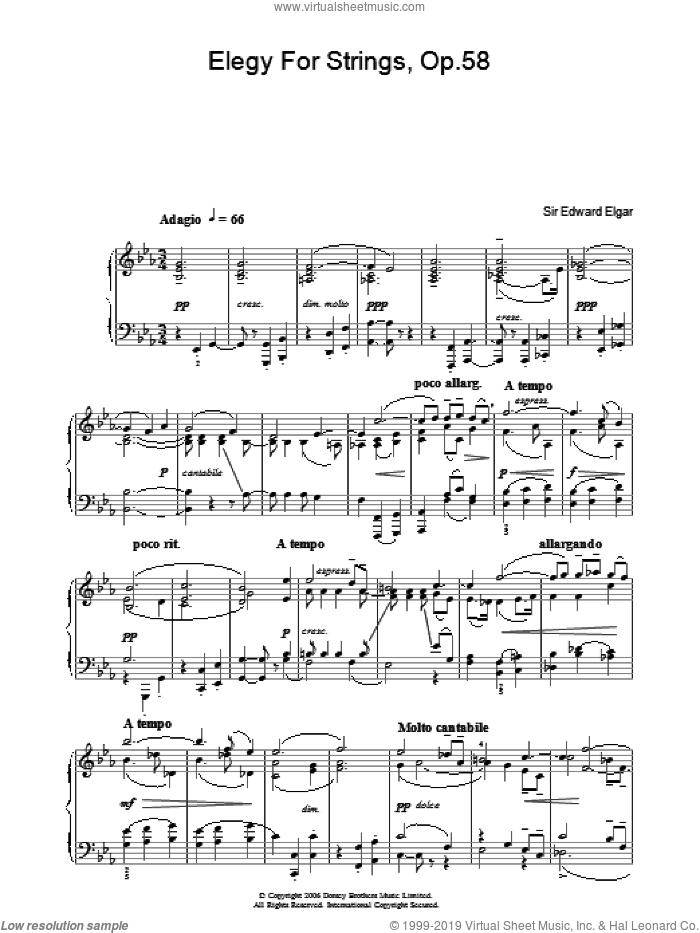 Elegy For Strings, Op.58 sheet music for piano solo by Edward Elgar, classical score, intermediate skill level