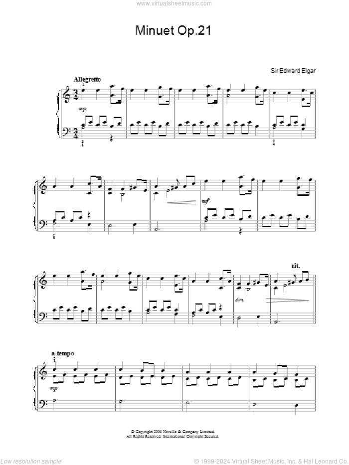 Minuet Op.21 sheet music for piano solo by Edward Elgar, classical score, easy skill level