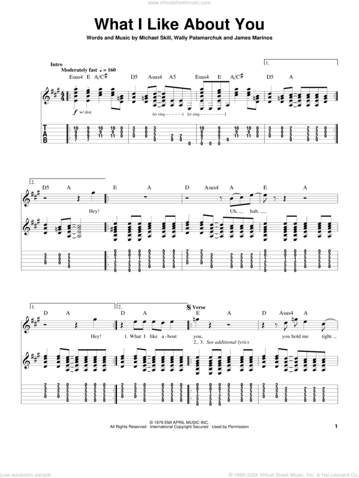 What I Like About You sheet music for guitar (tablature, play-along) by The Romantics, James Marinos, Michael Skill and Wally Palamarchuk, intermediate skill level