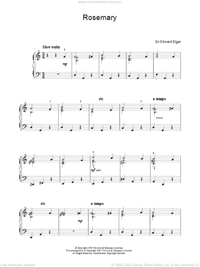 Rosemary sheet music for piano solo by Edward Elgar, classical score, easy skill level