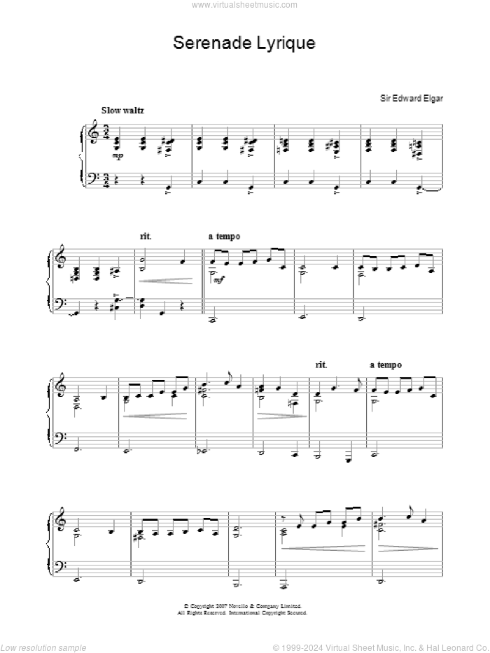 Serenade Lyrique sheet music for piano solo by Edward Elgar, classical score, easy skill level
