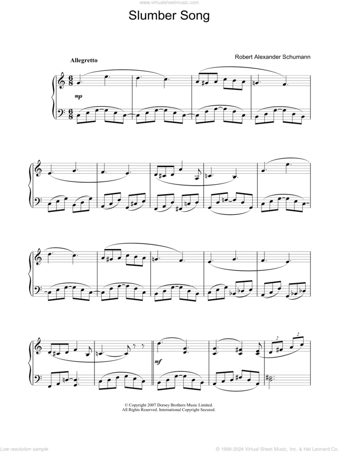 Slumber Song sheet music for piano solo by Robert Schumann, classical score, easy skill level