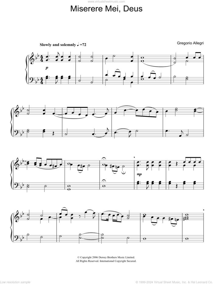 Miserere Mei Deus sheet music for piano solo by Gregorio Allegri, classical score, easy skill level