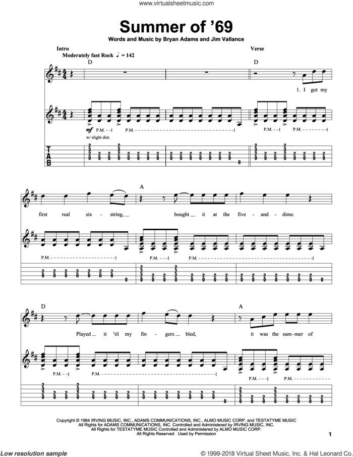 Summer Of '69 sheet music for guitar (tablature, play-along) by Bryan Adams and Jim Vallance, intermediate skill level