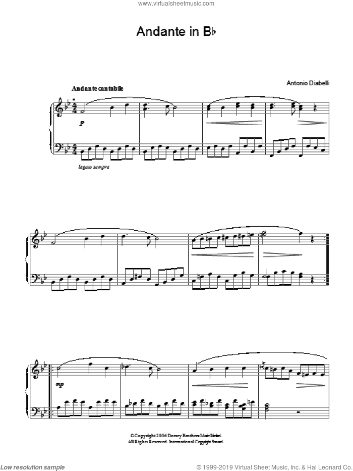 Andante In Bb sheet music for piano solo by Antonio Diabelli, classical score, easy skill level