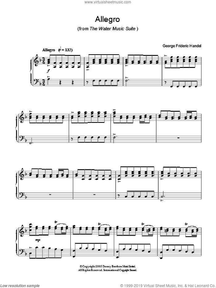 Allegro (from The Water Music Suite) sheet music for piano solo by George Frideric Handel, classical score, intermediate skill level