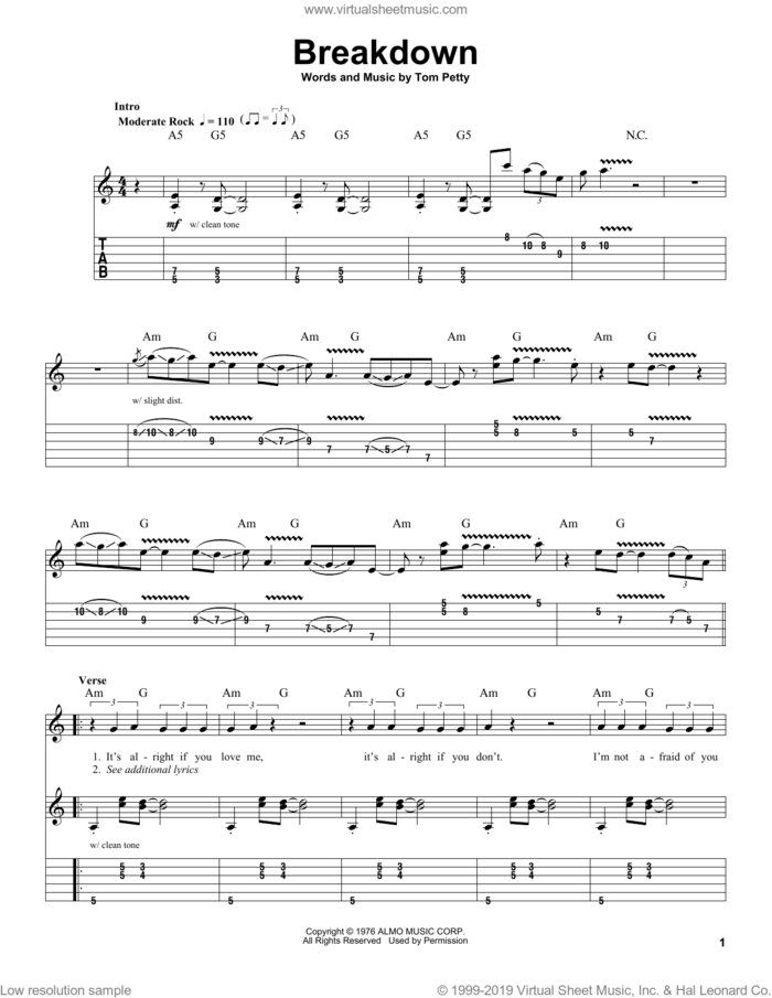 Breakdown sheet music for guitar (tablature, play-along) by Tom Petty And The Heartbreakers and Tom Petty, intermediate skill level