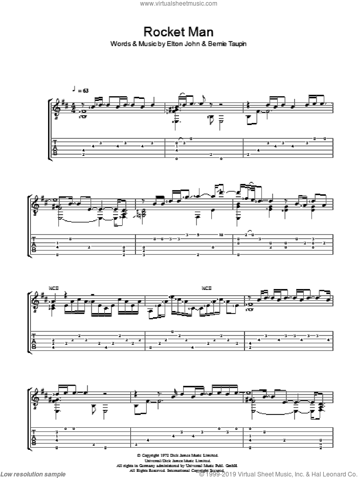 Rocket Man (I Think It's Gonna Be A Long Long Time) sheet music for guitar (tablature) by Elton John and Bernie Taupin, intermediate skill level