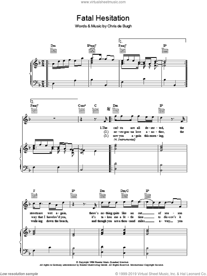 Fatal Hesitation sheet music for voice, piano or guitar by Chris de Burgh, intermediate skill level
