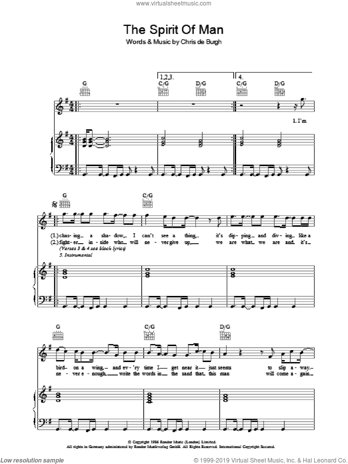 The Spirit Of Man sheet music for voice, piano or guitar by Chris de Burgh, intermediate skill level