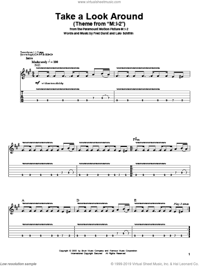 Take A Look Around (Theme From 'M:I-2') sheet music for guitar (tablature, play-along) by Limp Bizkit, Fred Durst and Lalo Schifrin, intermediate skill level