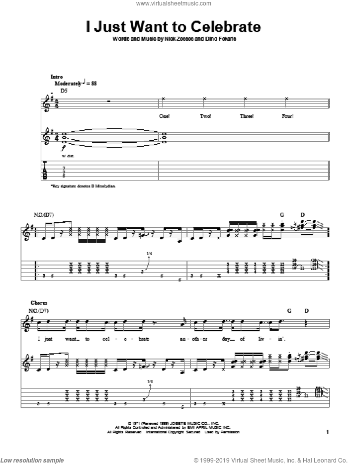 I Just Want To Celebrate sheet music for guitar (tablature, play-along) by Rare Earth, Dino Fekaris and Nick Zesses, intermediate skill level