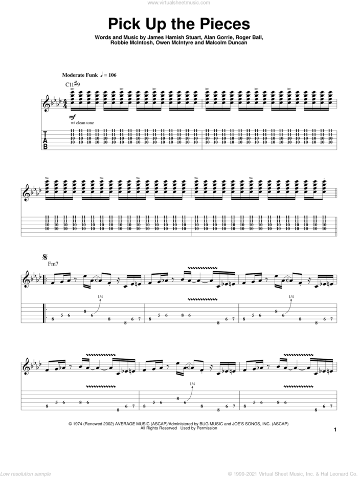 Pick Up The Pieces sheet music for guitar (tablature, play-along) by Average White Band, Alan Gorrie, James Hamish Stuart, Malcolm Duncan, Owen McIntyre, Robbie McIntosh and Roger Ball, intermediate skill level