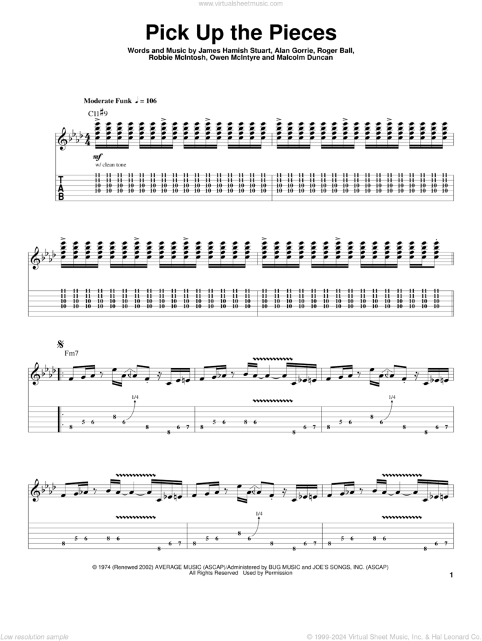 Pick Up The Pieces sheet music for guitar (tablature, play-along) by Average White Band, Alan Gorrie, James Hamish Stuart, Malcolm Duncan, Owen McIntyre, Robbie McIntosh and Roger Ball, intermediate skill level