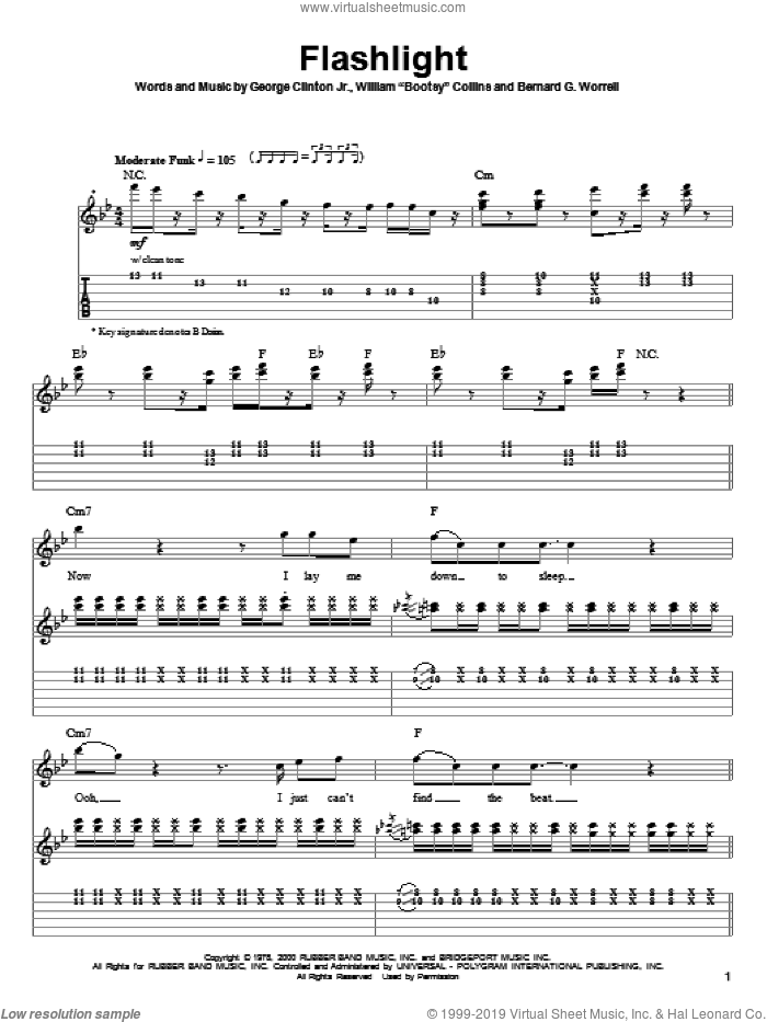 Flashlight sheet music for guitar (tablature, play-along) by Parliament, Bernard G. Worrell, George Clinton Jr. and William Collins, intermediate skill level