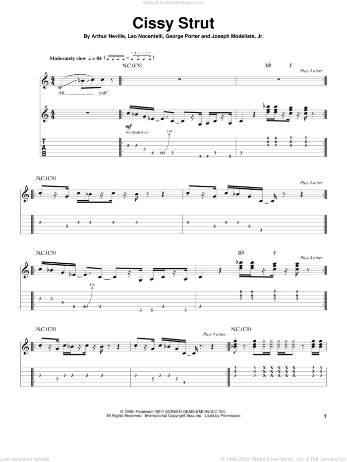 Cissy Strut sheet music for guitar (tablature, play-along) by The Meters, Arthur Neville, George Porter, Joseph Modeliste, Jr. and Leo Nocentelli, intermediate skill level