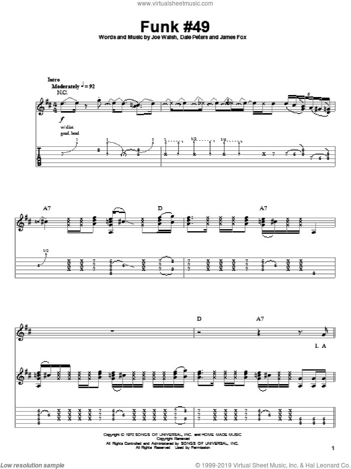 Funk #49 sheet music for guitar (tablature, play-along) by The James Gang, Dale Peters, James Fox and Joe Walsh, intermediate skill level